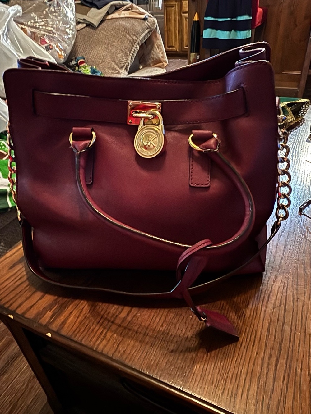 Michael Kors Hamilton Large Burgundy Merlot Saffiano Leather Satchel Lock Key
